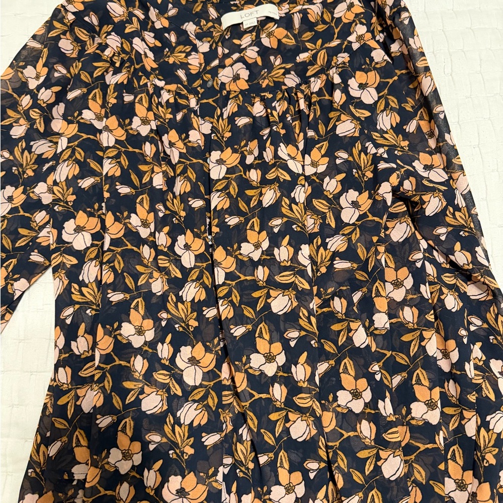 LOFT Navy and Pink Floral Blouse
